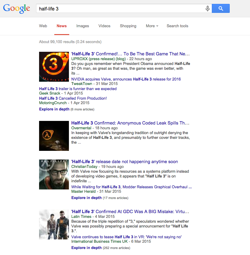A Google News Search for 'Half-Life 3'
